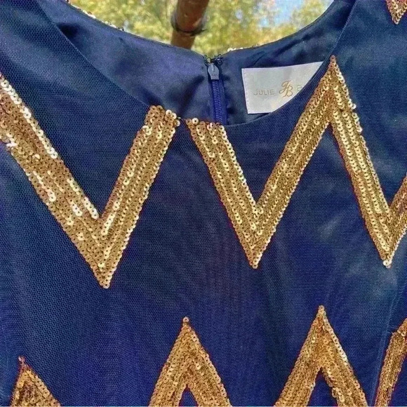 Vintage Julie Brown Cocktail MIDI Dress Size 6 Navy Gold Chevron Party Holiday - Picture 5 of 10